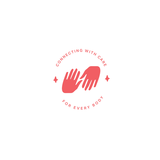 A circular coral-pink graphic on a white background with the words 'CONNECTING WITH CARE' at the top and 'FOR EVERY BODY' at the bottom, centered around two overlapping hand silhouettes.